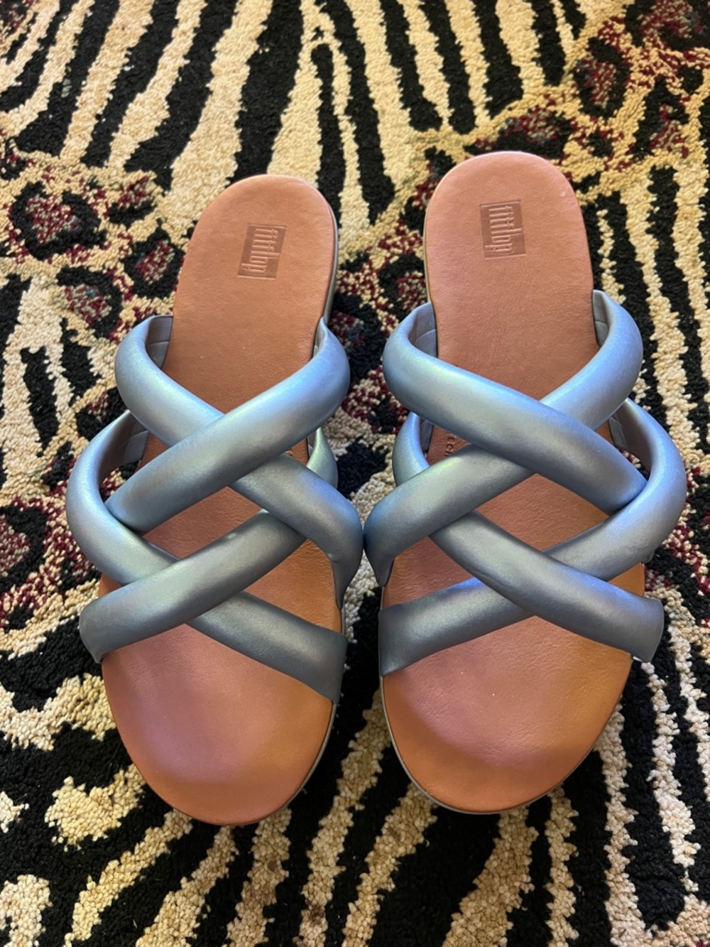Fitflop Women's Iridescent Blue Cross-Strap Slide Sandals